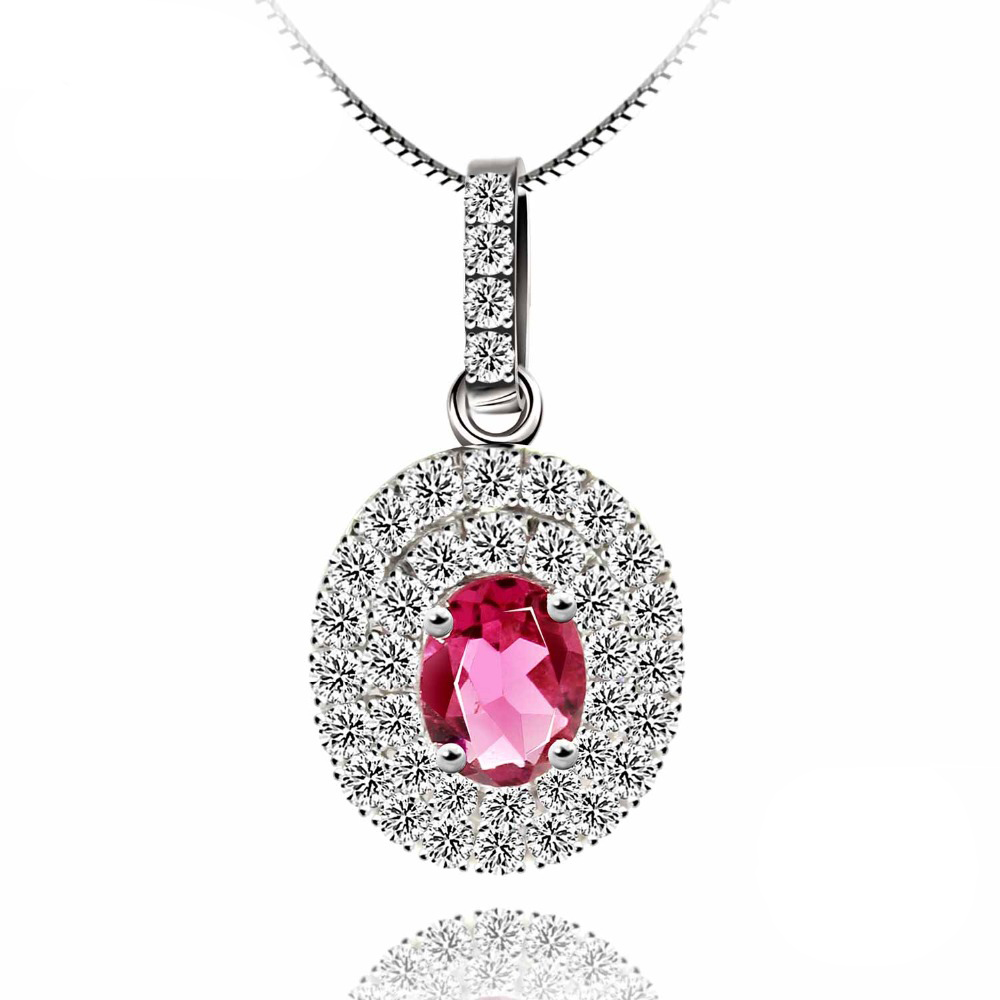 Picture of Majesty Diamonds MDS170143 0.37 CTW Oval Red Tourmaline Double Halo Solitaire with Accents Pendant Necklace in .925 Sterling Silver