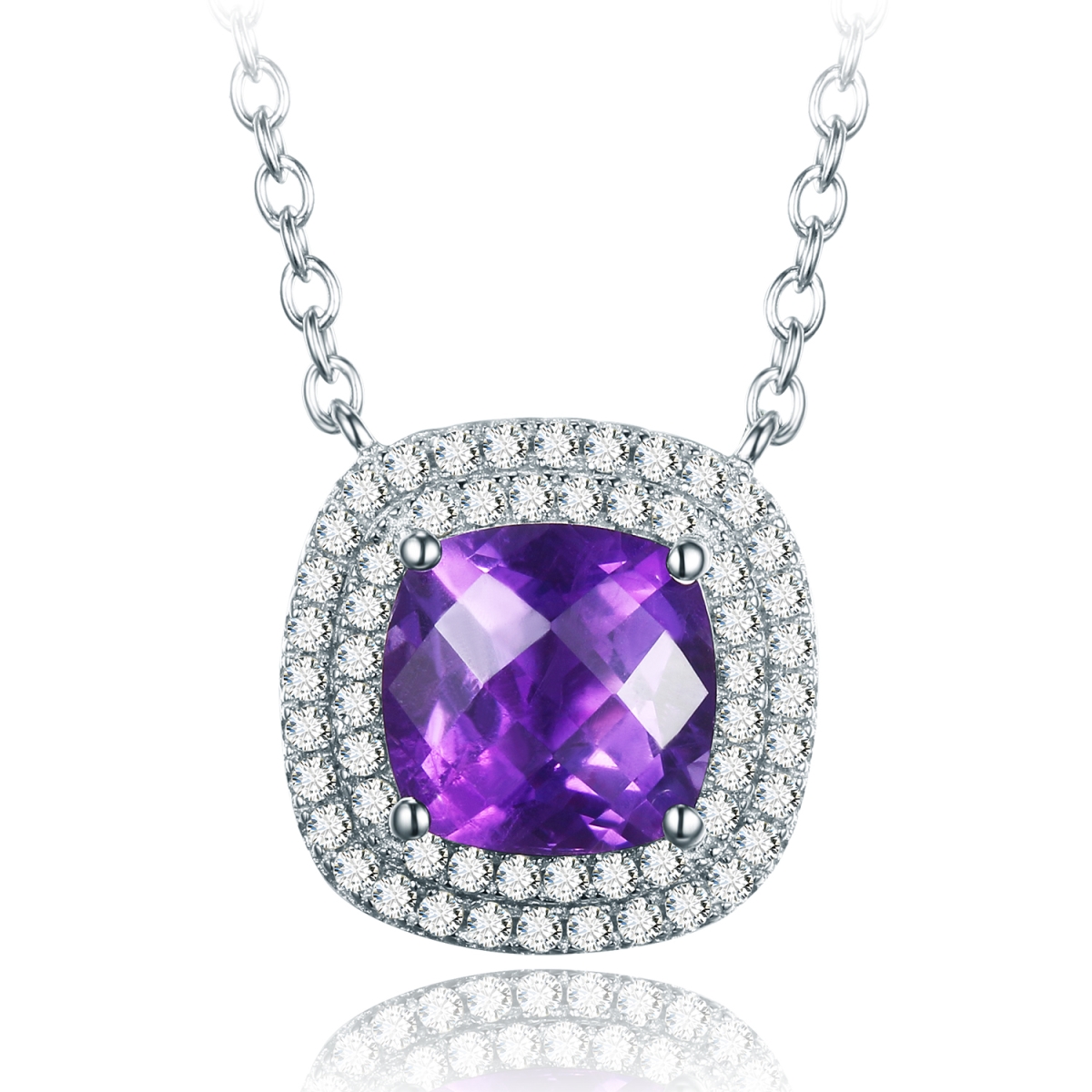 Picture of Majesty Diamonds MDS170283 2.2 CTW Cushion Purple Amethyst Double Halo Solitaire with Accents Pendant Necklace in .925 Sterling Silver
