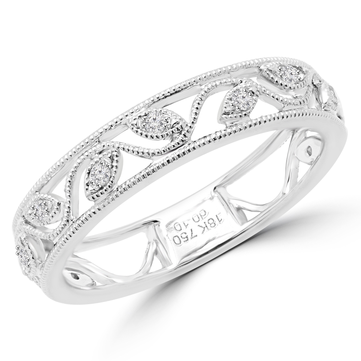 0.1 CTW Diamond Accent Leaf Motif Wedding Anniversary Band Ring in 18K White Gold - Size 3