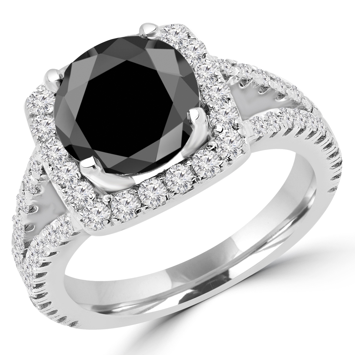 4.75 CTW Round Cut Black & White Diamond Split Shank Halo Engagement Ring in 14K White Gold - Size 3.75