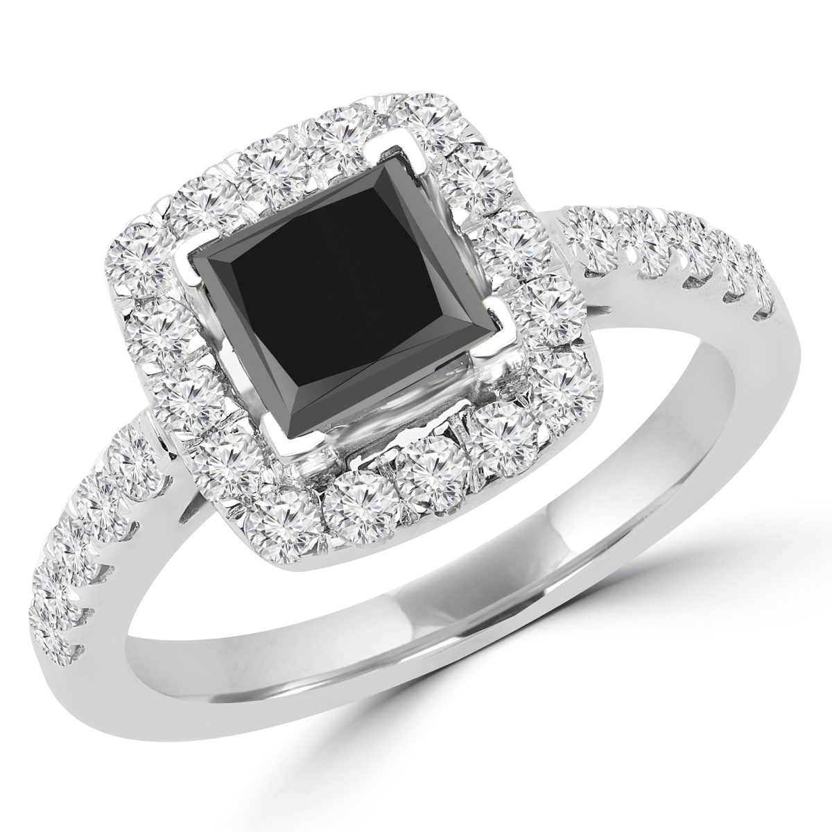 1.88 CTW Princess Cut Black & White Diamond Halo Engagement Ring in 14K White Gold - Size 3.25
