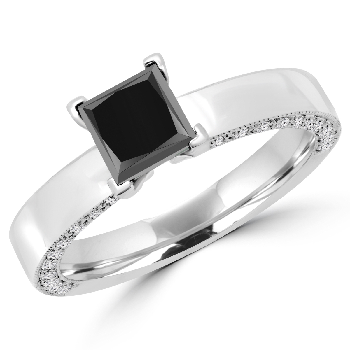1.66 CTW Princess Cut Black & White Diamond Solitaire Engagement Ring in 14K White Gold