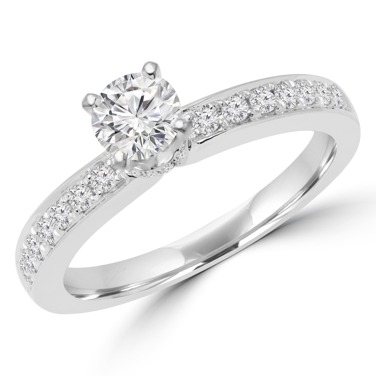 0.63 CTW Round Diamond Solitaire with Accents Engagement Ring in 18K White Gold - Size 8.5