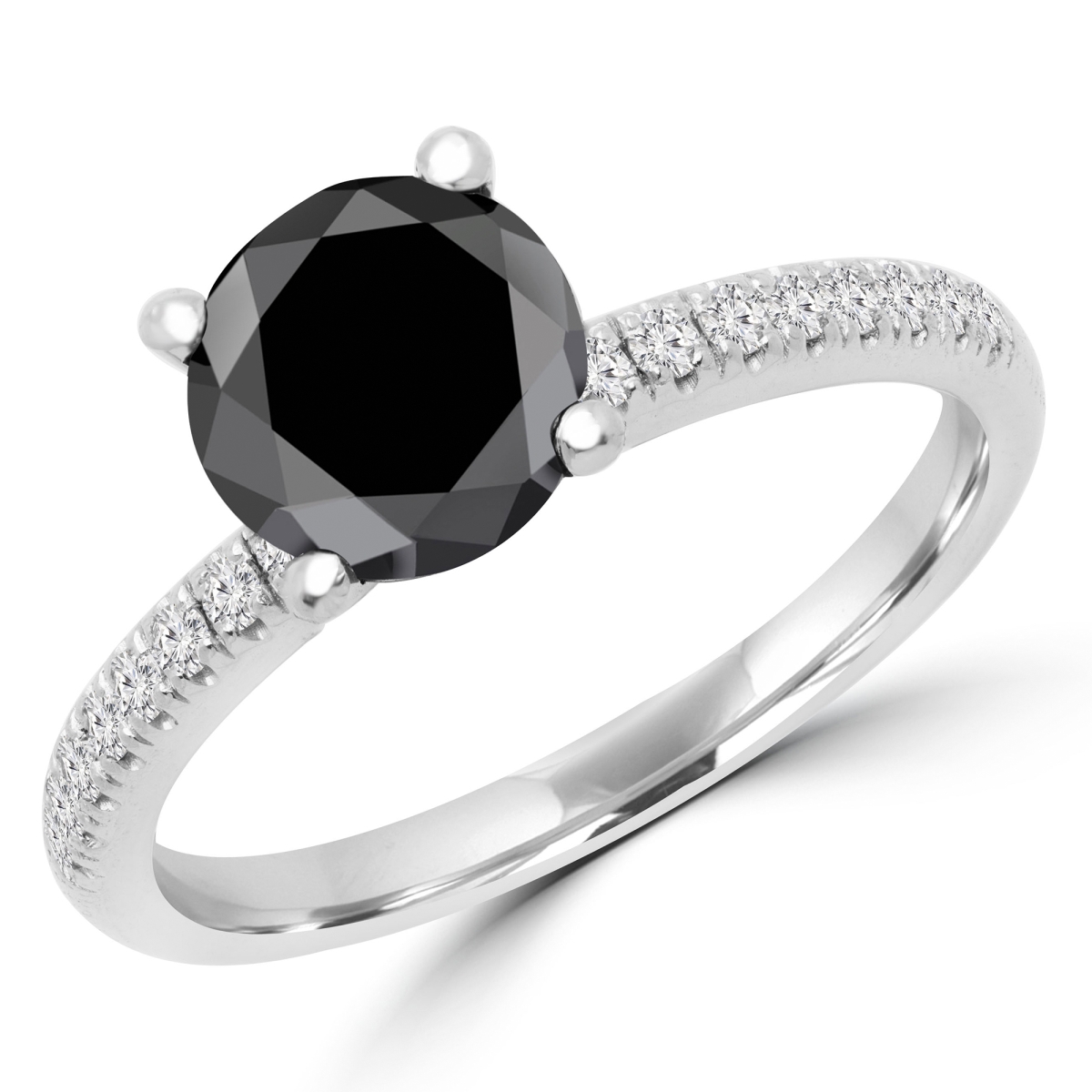 MD170103-4 1.88 CTW Round Black Diamond Solitaire with Accents Engagement Ring in 14K White Gold - Size 4