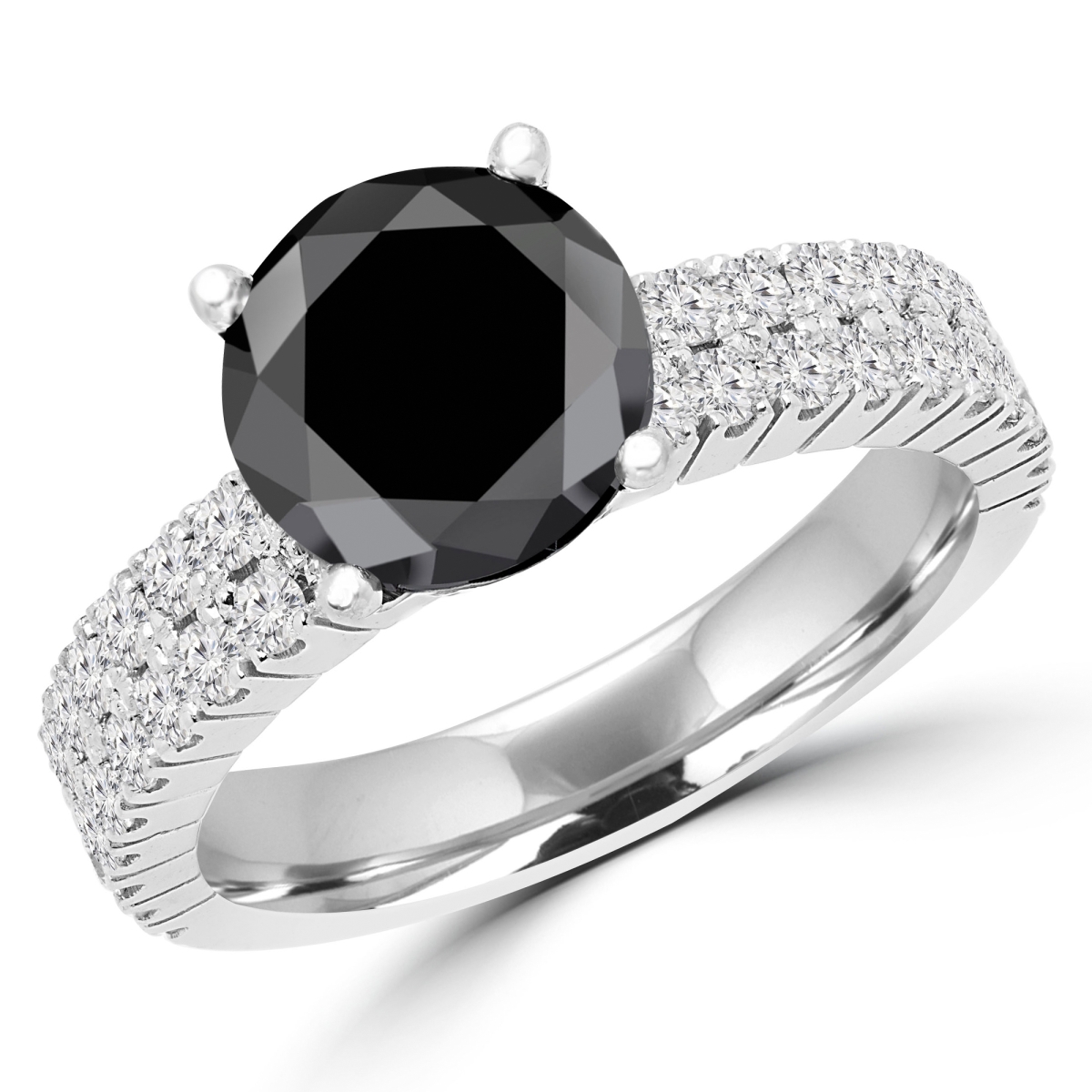 MD170108-4.75 3.6 CTW Round Black Diamond Two Row Solitaire with Accents Engagement Ring in 14K White Gold - Size 4.75