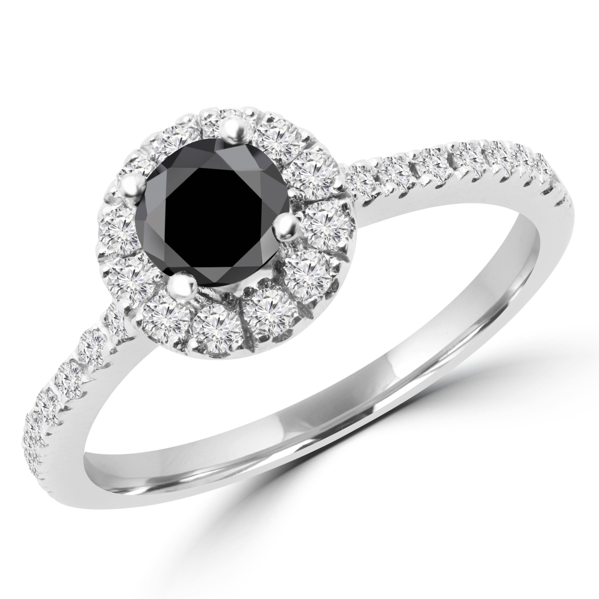 MD170107-5 1 CTW Round Black Diamond Halo Engagement Ring in 14K White Gold - Size 5