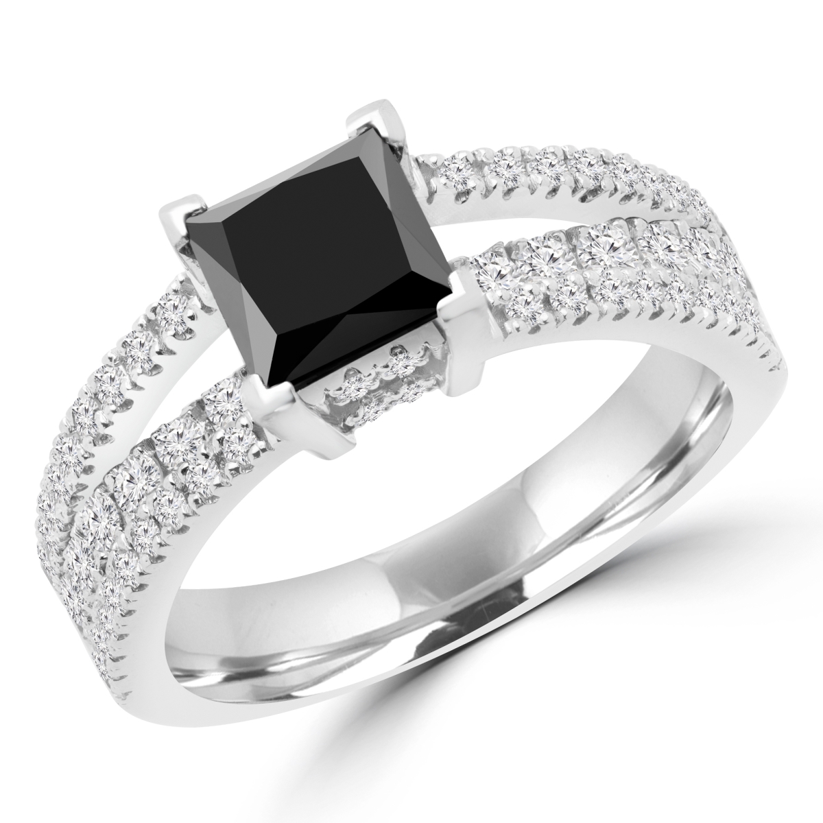 MD170169-6.75 2.16 CTW Princess Black Diamond Split Shank Solitaire with Accents Engagement Ring in 14K White Gold - 6.75