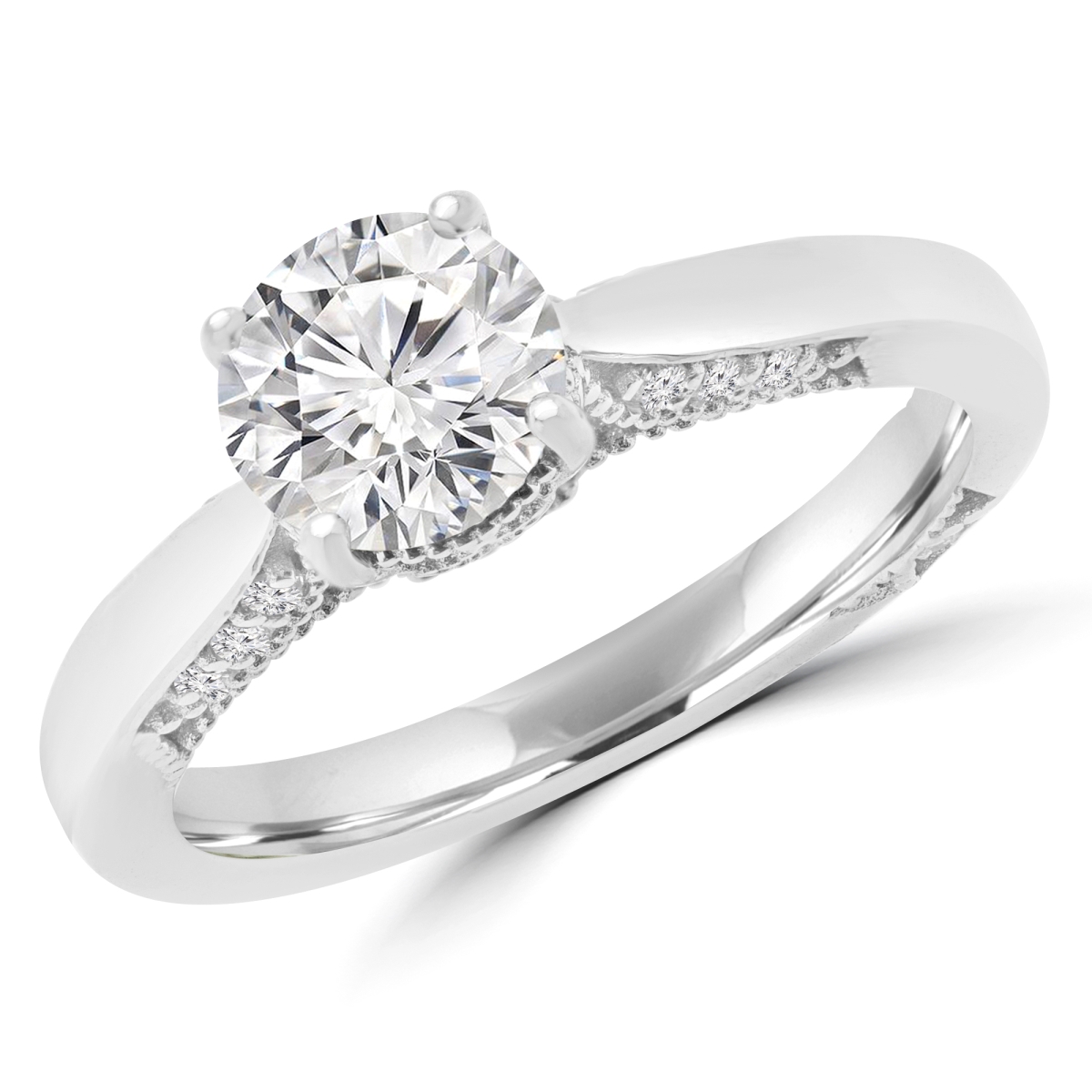 1.12 CTW Round Diamond Solitaire with Accents Engagement Ring in 18K White Gold