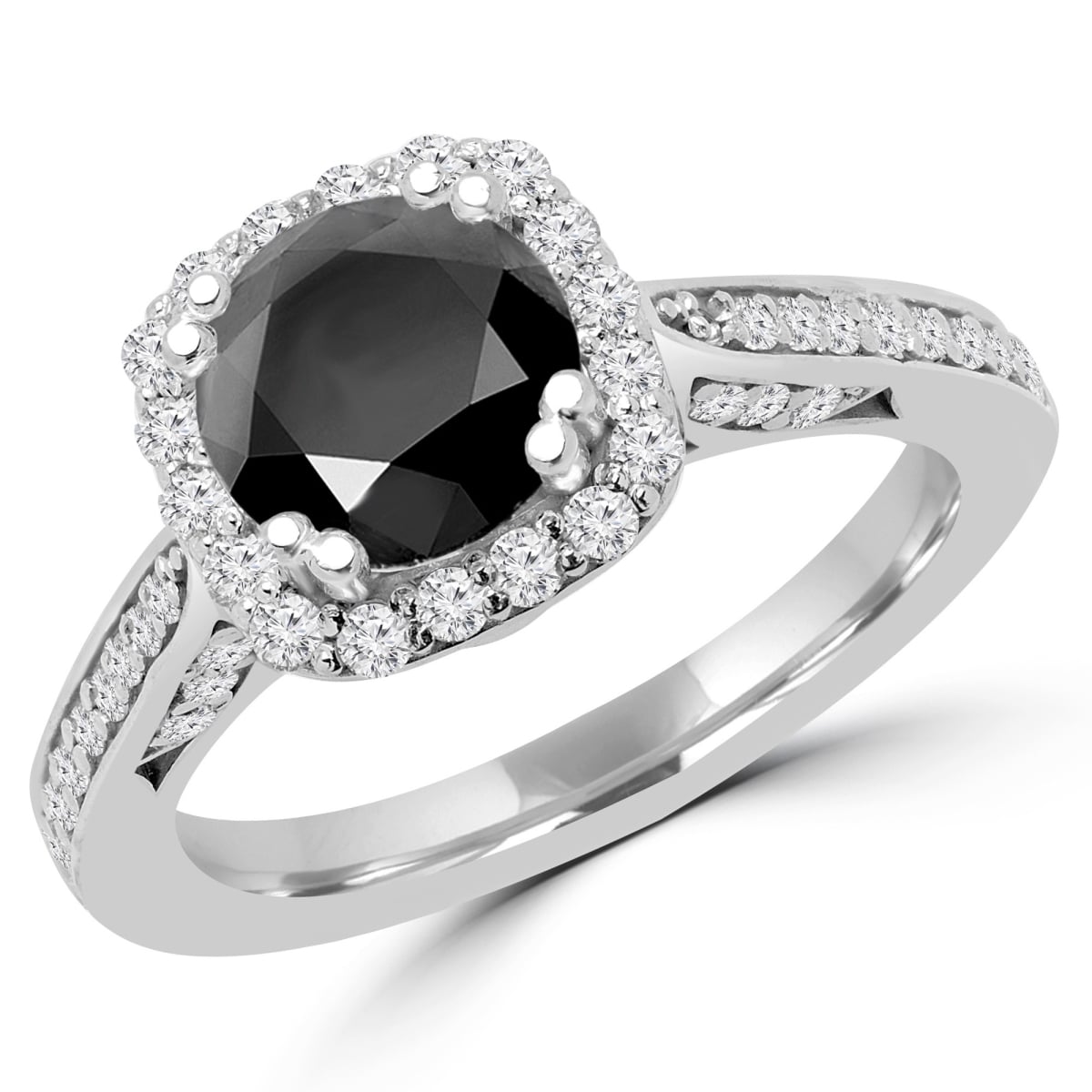 2.25 CTW Round Black Diamond Halo Engagement Ring in 18k White Gold - Size 5.75