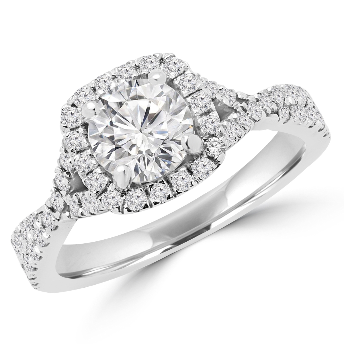 1.6 CTW Round Diamond Split Shank Halo Engagement Ring in 14K White Gold - Size 4