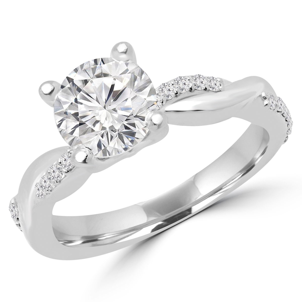 MD170329-5.5 0.2 CTW Round Diamond Solitaire with Accents Engagement Ring in 14K White Gold, Size 5.5
