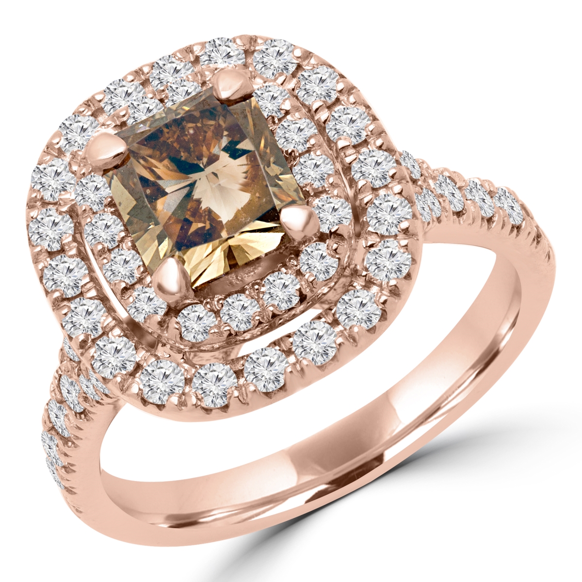 2.5 CTW Radiant Champagne Diamond Double Halo Engagement Ring in 14K Rose Gold, Size 6