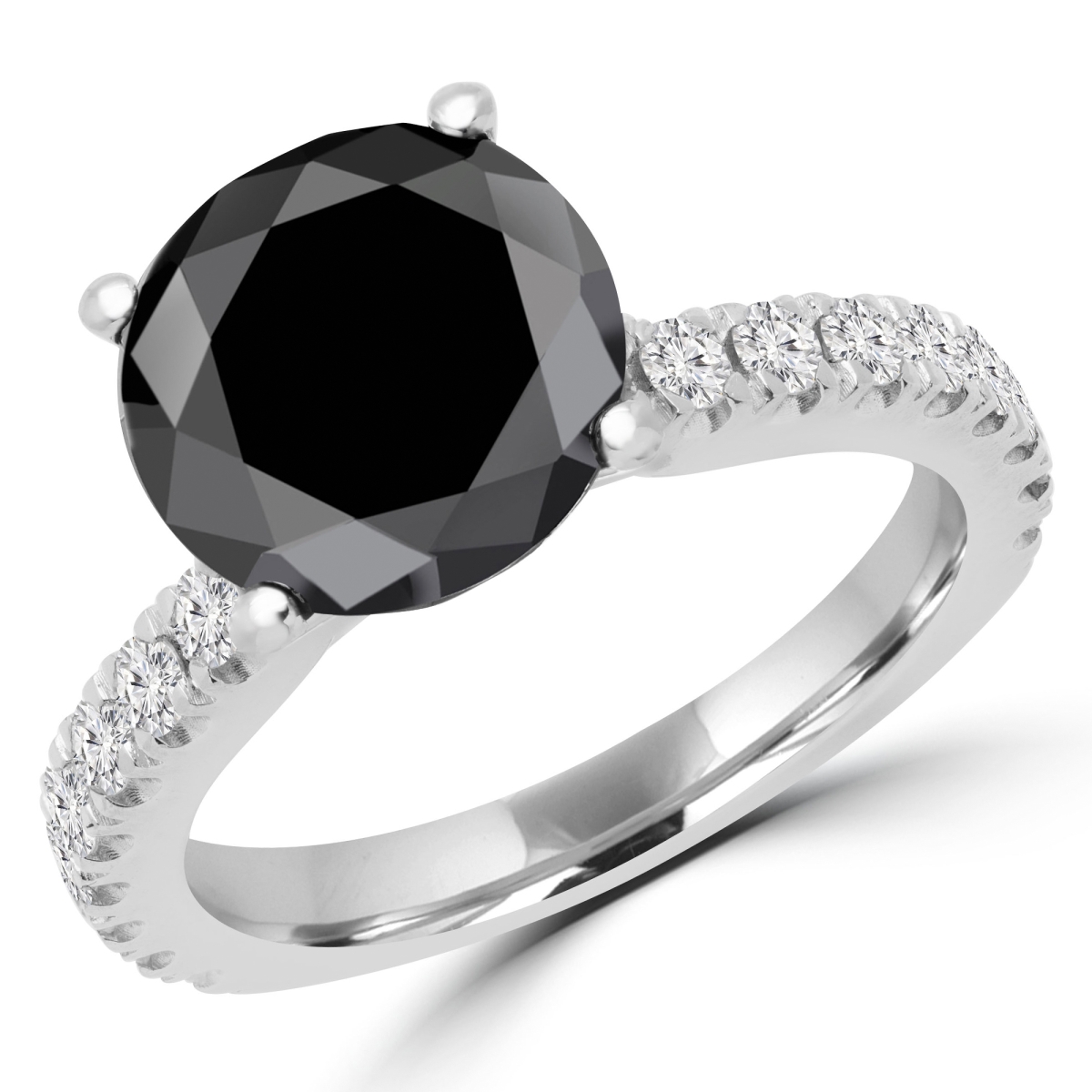 MD170335-5.5 3.67 CTW Round Black Diamond Solitaire with Accents Engagement Ring in 14K White Gold, Size 5.5