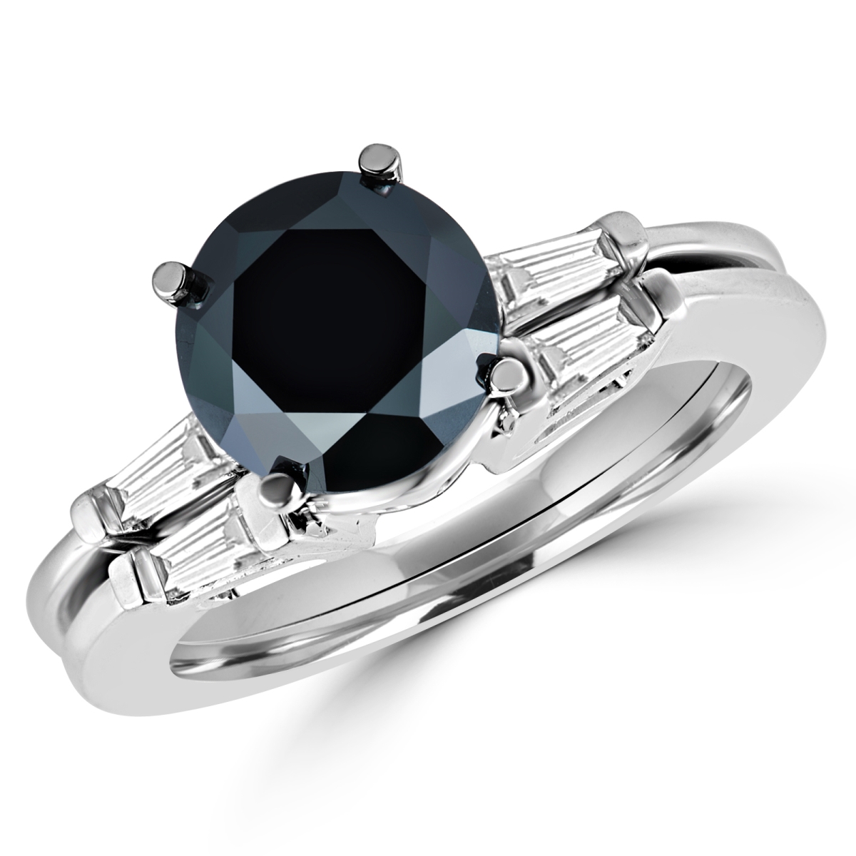 MD170355-5.75 2.2 CTW Round Black Diamond Solitaire with Accents Engagement Ring & Wedding Band Set in 14K White Gold, Size 5.75