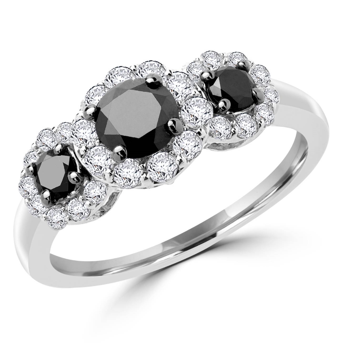 MDR140088-3.75 1.1 CTW Round Black Diamond Halo Three-stone Engagement Ring in 10K White Gold - Size 3.75