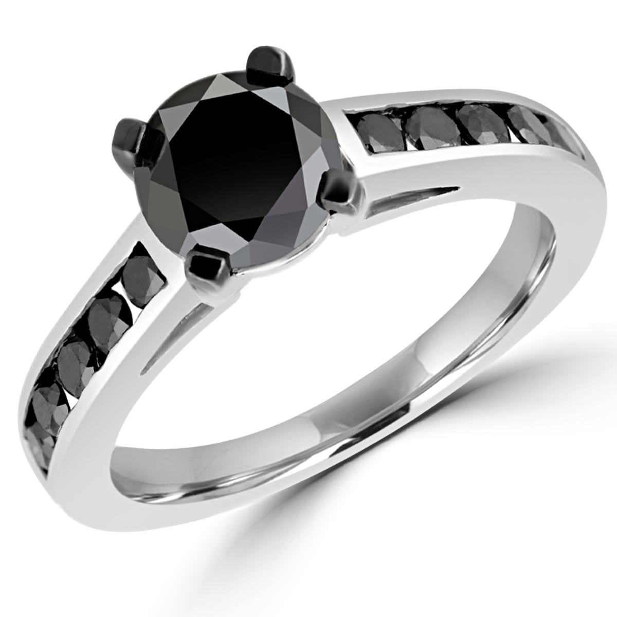 MDR130079-3.75 1 CTW Round Black Diamond Solitaire with Accents Engagement Ring in 10K White Gold - Size 3.75