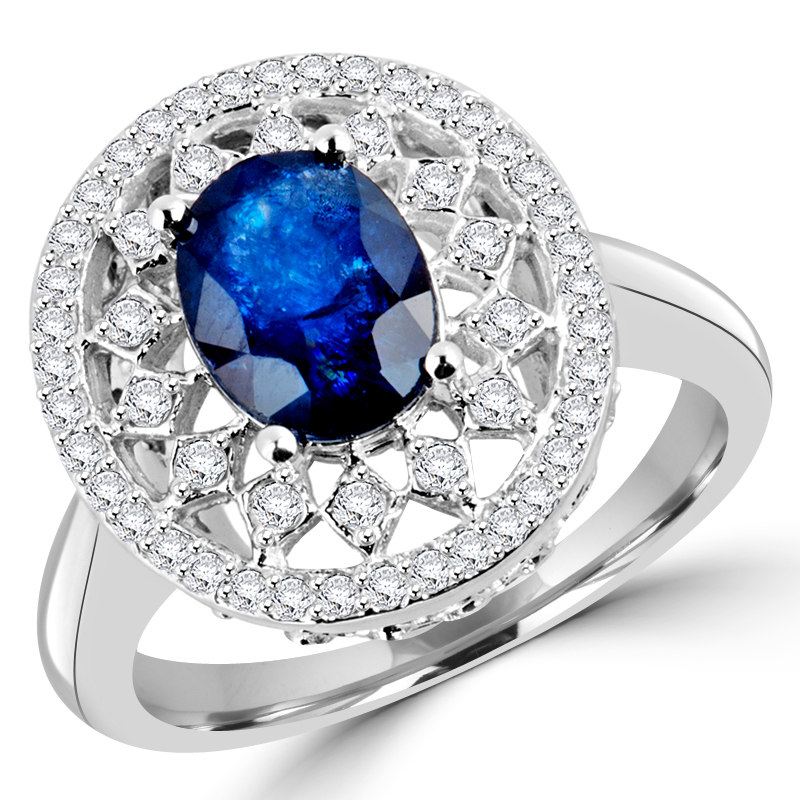 Picture of Majesty Diamonds MDR170018-3.25 2 CTW Oval Blue Sapphire Halo Cocktail Ring in 14K White Gold - Size 3.25