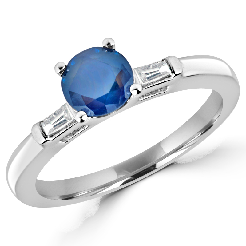 0.87 CTW Round Blue Sapphire Cocktail Ring in 14K White Gold with Baguette Accents - 4