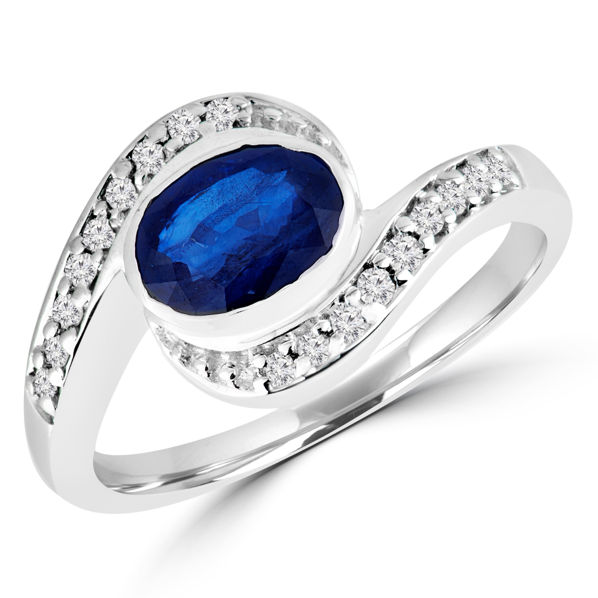 Picture of Majesty Diamonds MDR170020-7.75 1.1 CTW Oval Blue Sapphire Bypass Cocktail Ring in 14K White Gold - 7.75