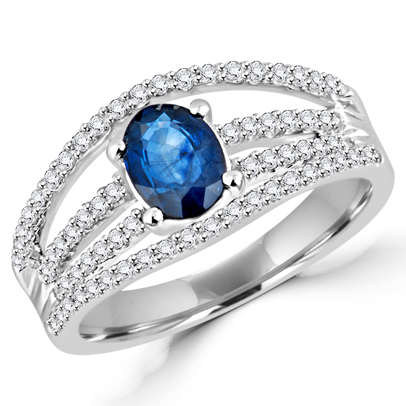 1.25 CTW Oval Blue Sapphire Three Row Cocktail Ring in 14K White Gold - 7.5