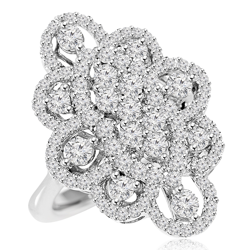 1.5 CTW Round Diamond Cocktail Ring in 14K White Gold - Size 6