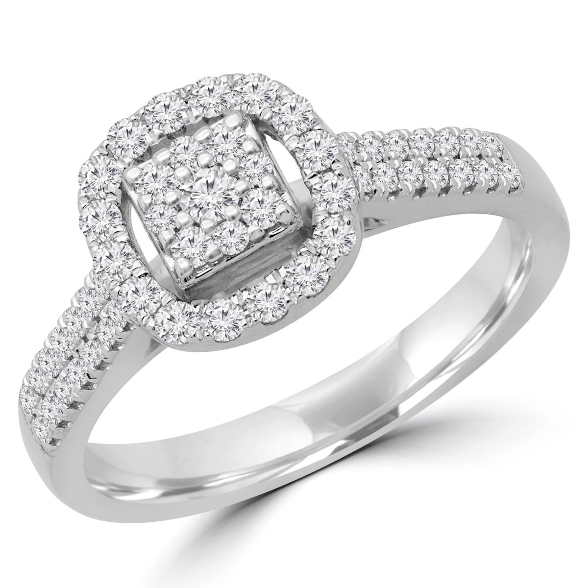 MDR190098-6 0.37 CTW Round Diamond Two-Row Promise Princess Cluster Cushion Halo Engagement Ring in 14K White Gold - Size 6