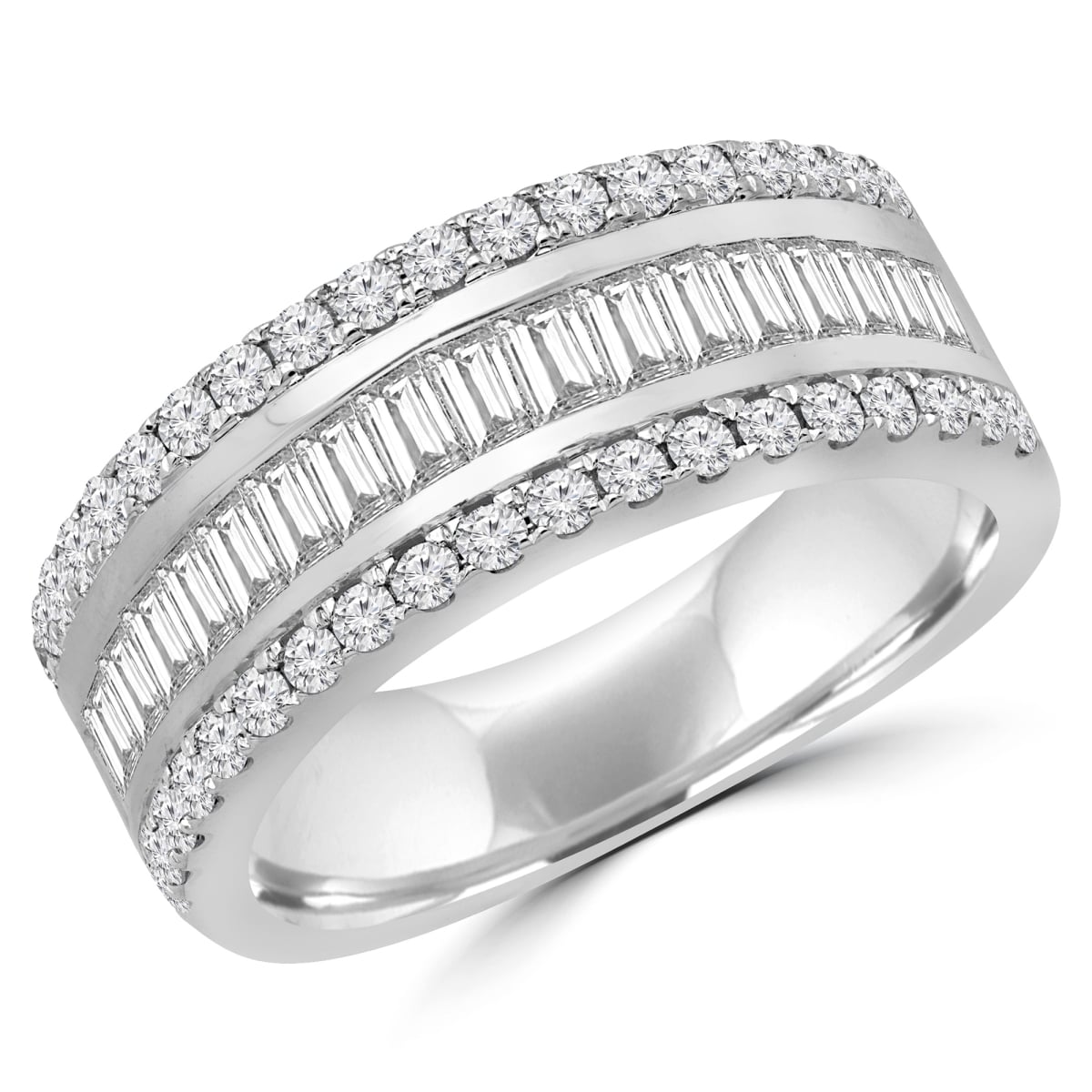 MDR190104-4.75 0.87 CTW Baguette Diamond Vintage Three-Row Semi-Eternity Wedding Band Ring in 14K White Gold - Size 4.75