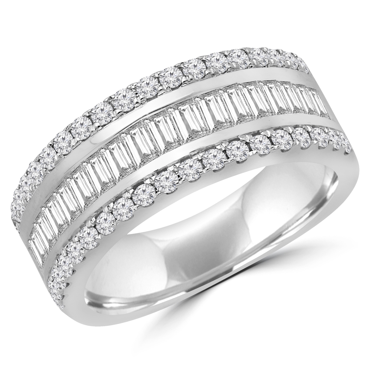 MDR190104-7 0.87 CTW Baguette Diamond Vintage Three-Row Semi-Eternity Wedding Band Ring in 14K White Gold - Size 7