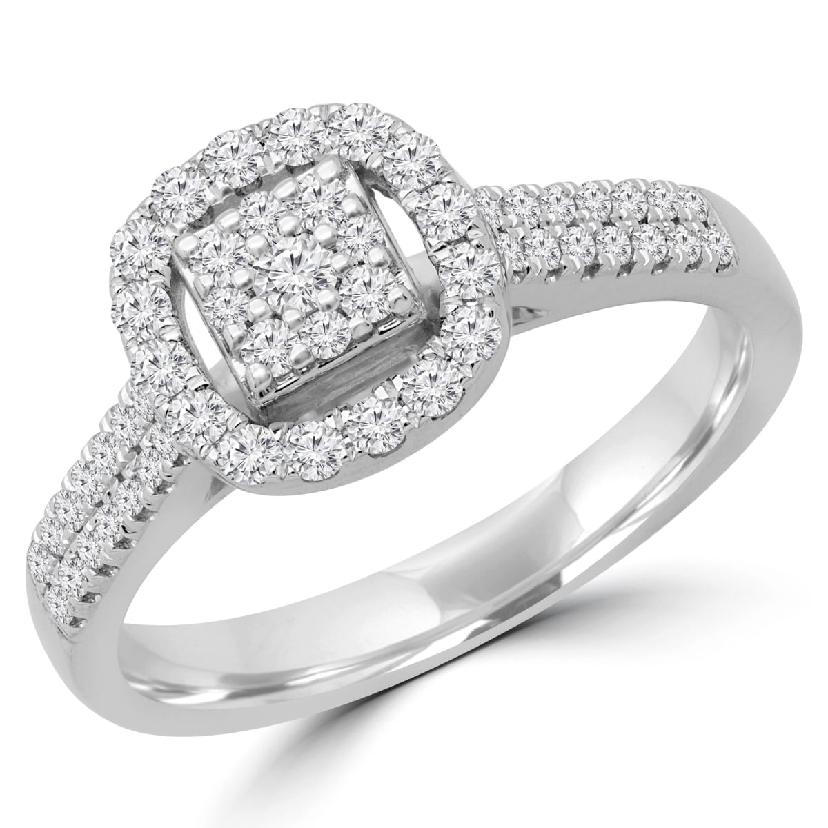 MDR190098-7.5 0.37 CTW Round Diamond Two-Row Promise Princess Cluster Cushion Halo Engagement Ring in 14K White Gold - Size 7.5