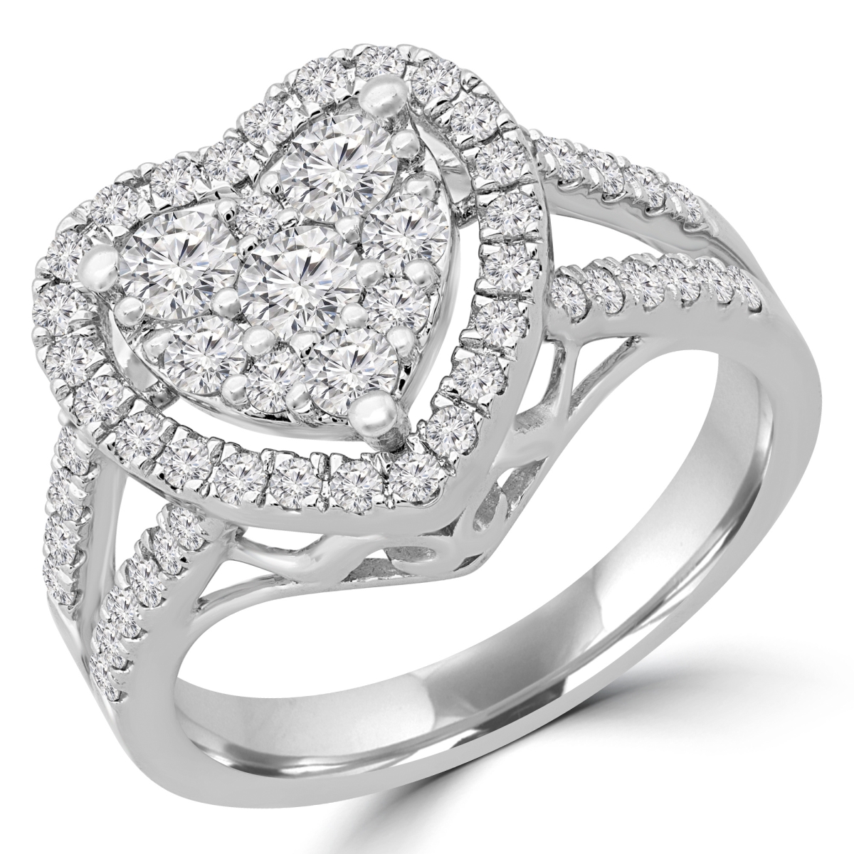 MDR190066-7.5 0.9 CTW Round Diamond Split Shank Heart Cluster Halo Cocktail Ring in 14K White Gold - Size 7.5