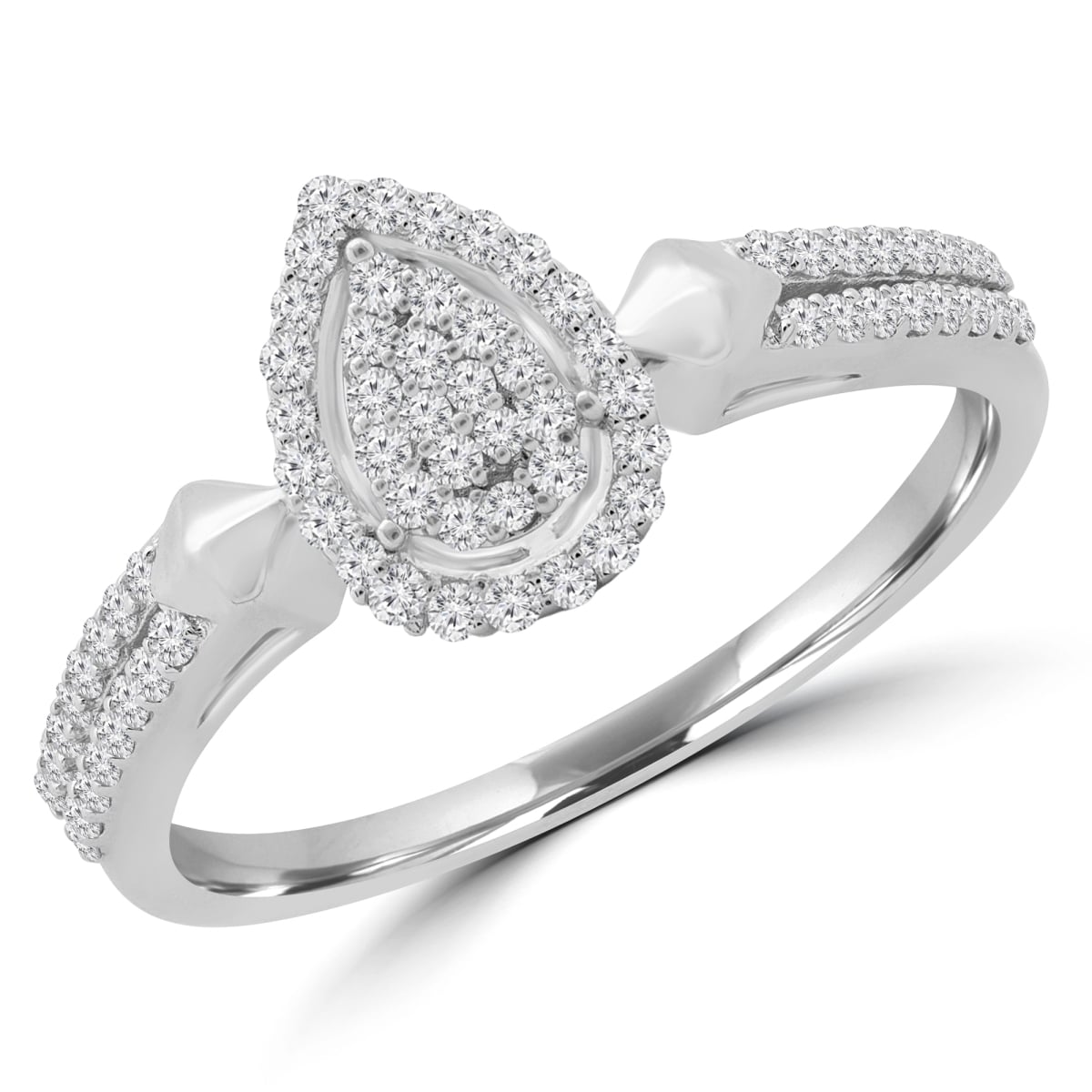 0.25 CTW Round Diamond Double Row Promise Pear Cluster Halo Engagement Ring in 14K White Gold - Size 3.25