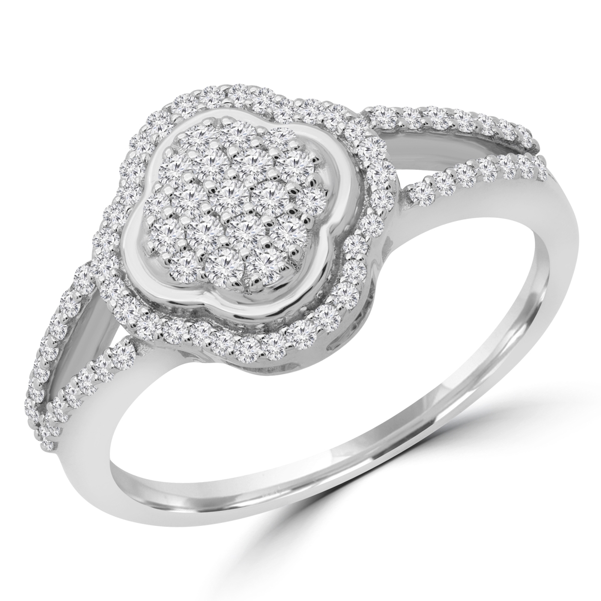 MDR190091-4.25 0.33 CTW Round Diamond Split Shank Halo Clover Cocktail Ring in 14K White Gold - Size 4.25