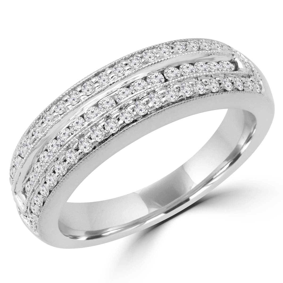 MDR190065-5.5 0.5 CTW Round Diamond Three-Row Semi-Eternity Wedding Band Ring in 14K White Gold - Size 5.5