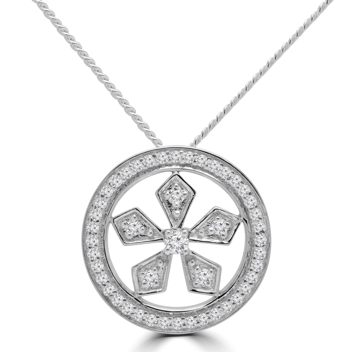 MDR190024 0.2 CTW Round Diamond Floral Halo Pendant Necklace in 14K White Gold With Chain