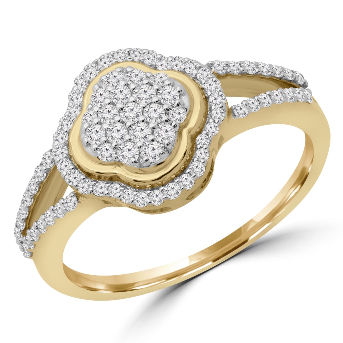 MDR190048-3.75 0.33 CTW Round Diamond Split Shank Halo Clover Cocktail Ring in 14K Yellow Gold - Size 3.75