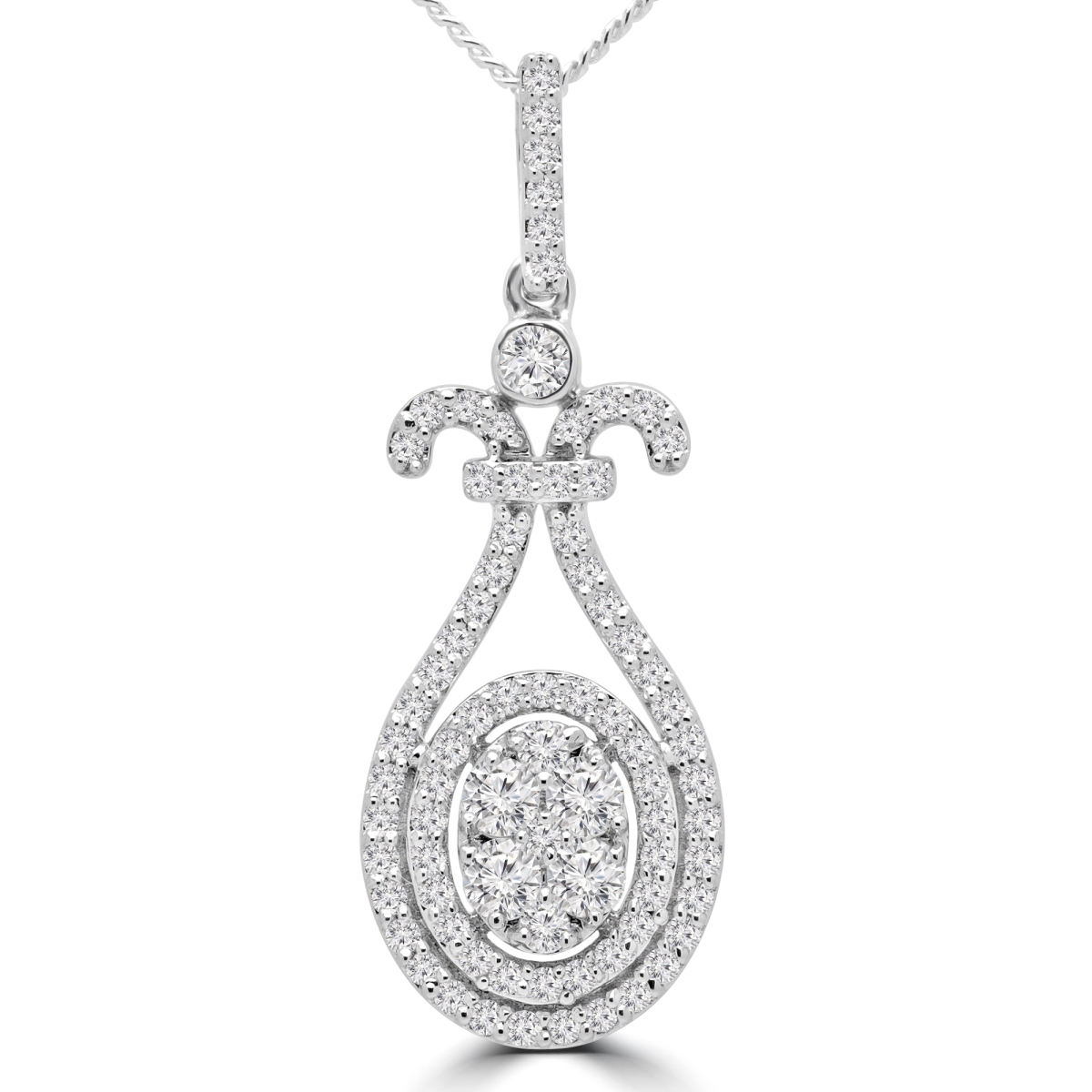 0.5 CTW Round Diamond Double Halo Oval Cluster Pendant Necklace in 14K White Gold With Chain -  Great Gems, GR3064313
