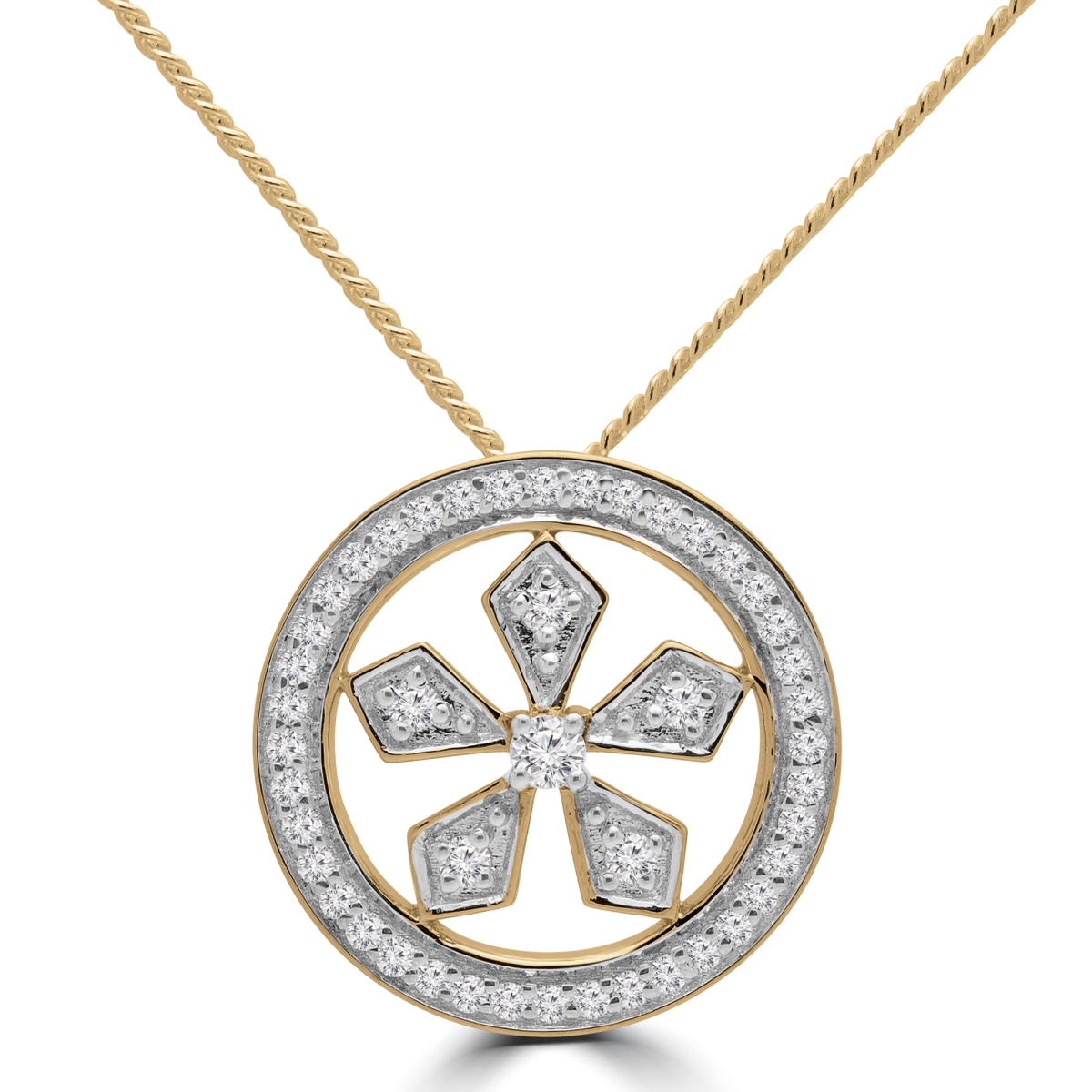 MDR190038 0.2 CTW Round Diamond Halo Pendant Necklace in 14K Yellow Gold With Chain