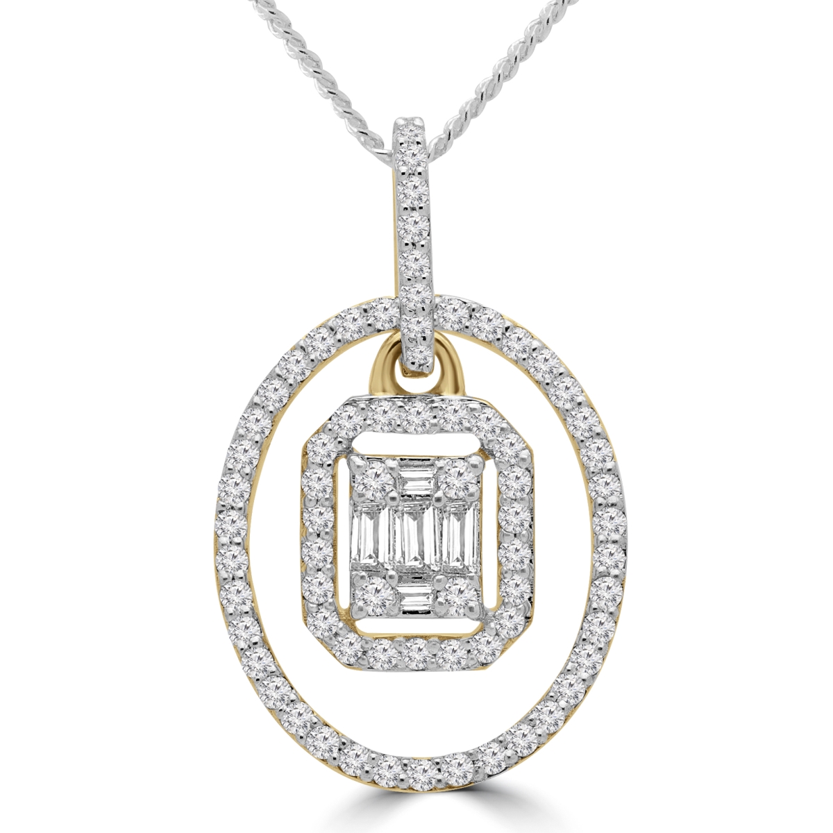 MDR190042 0.5 CTW Baguette Diamond Oval Halo Cluster Pendant Necklace in 14K Yellow Gold With Chain