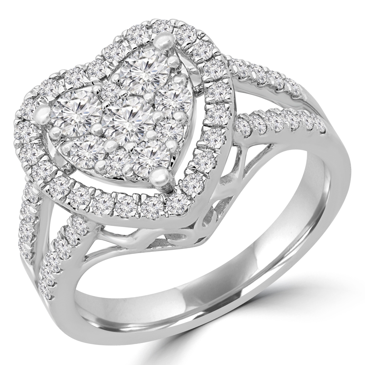 Picture of Majesty Diamonds MDR190066-3 0.9 CTW Round Diamond Split Shank Heart Cluster Halo Cocktail Ring in 14K White Gold - Size 3