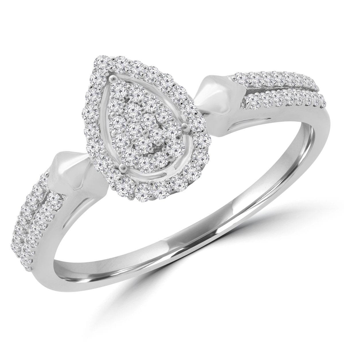 0.25 CTW Round Diamond Double Row Promise Pear Cluster Halo Engagement Ring in 14K White Gold - Size 6.25