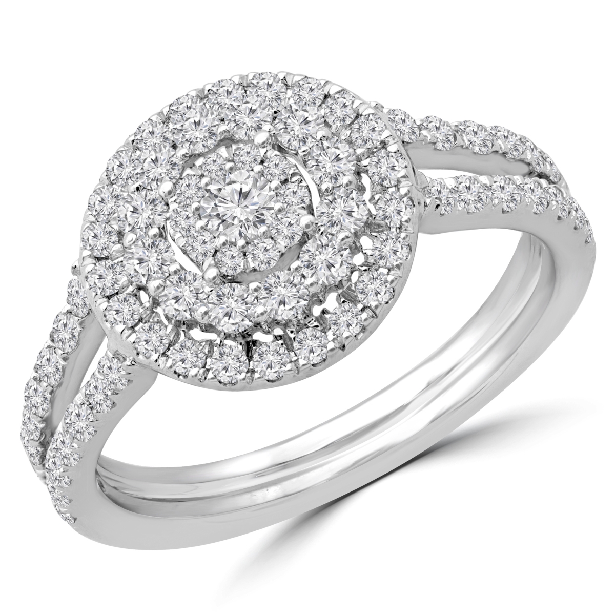 MDR190093-7 0.8 CTW Round Diamond Split Shank Promise Double Halo Engagement Ring in 14K White Gold - Size 7
