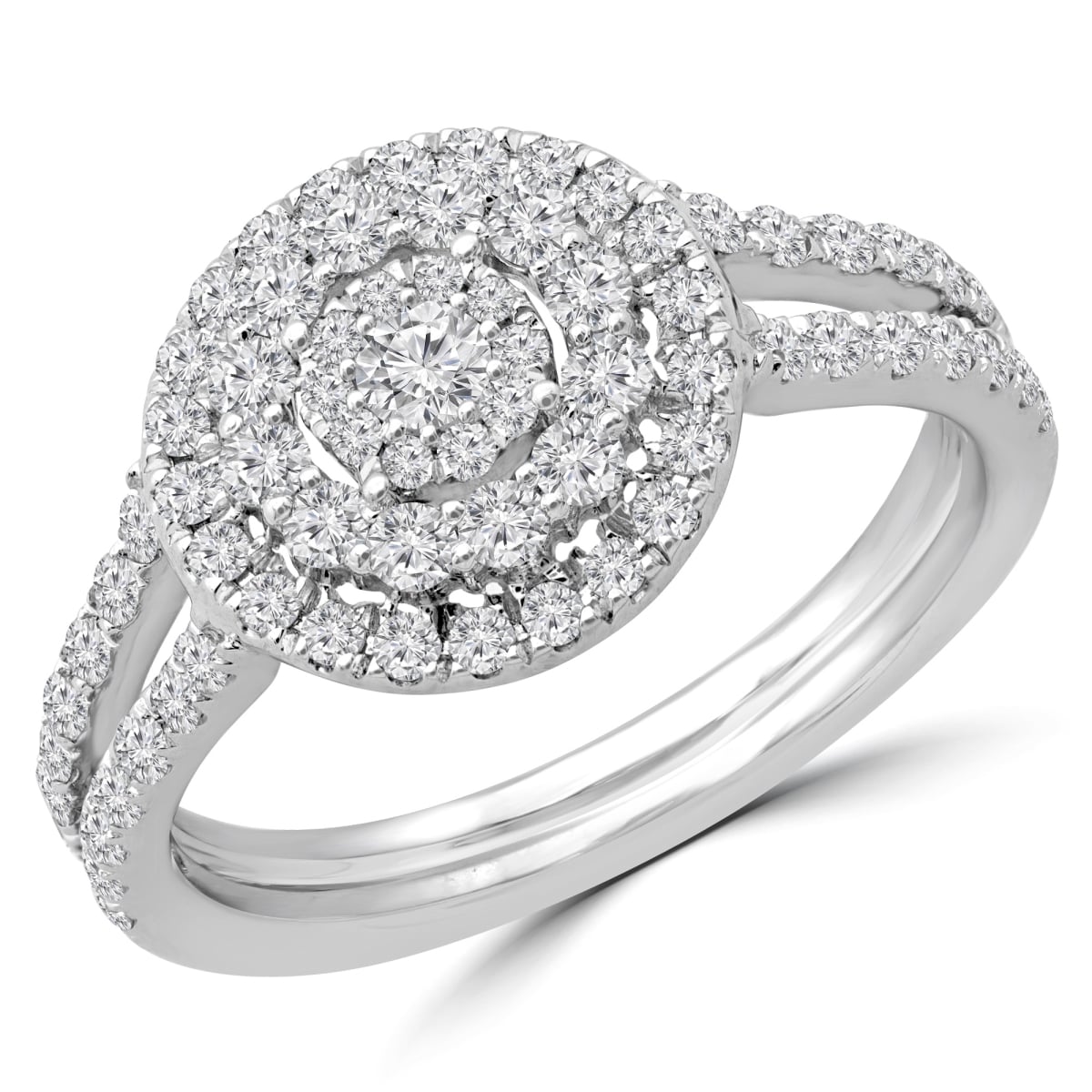 MDR190093-9 0.8 CTW Round Diamond Split Shank Promise Double Halo Engagement Ring in 14K White Gold - Size 9