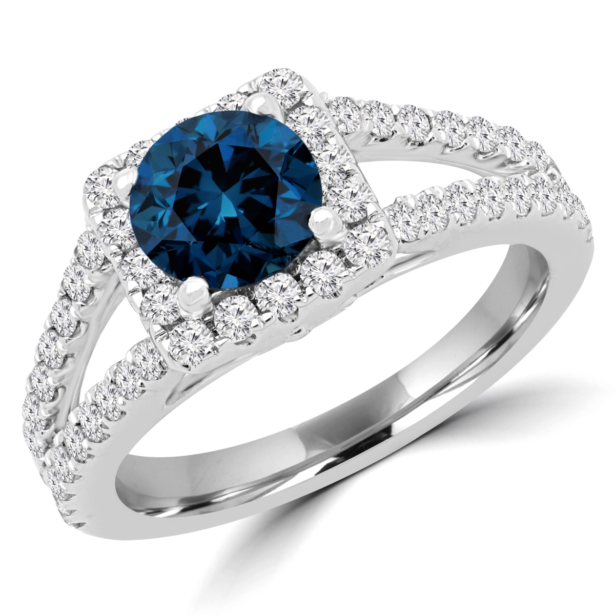 1.75 CTW Round Blue Diamond Princess Halo Engagement Ring in 14K White Gold - Size 8.75