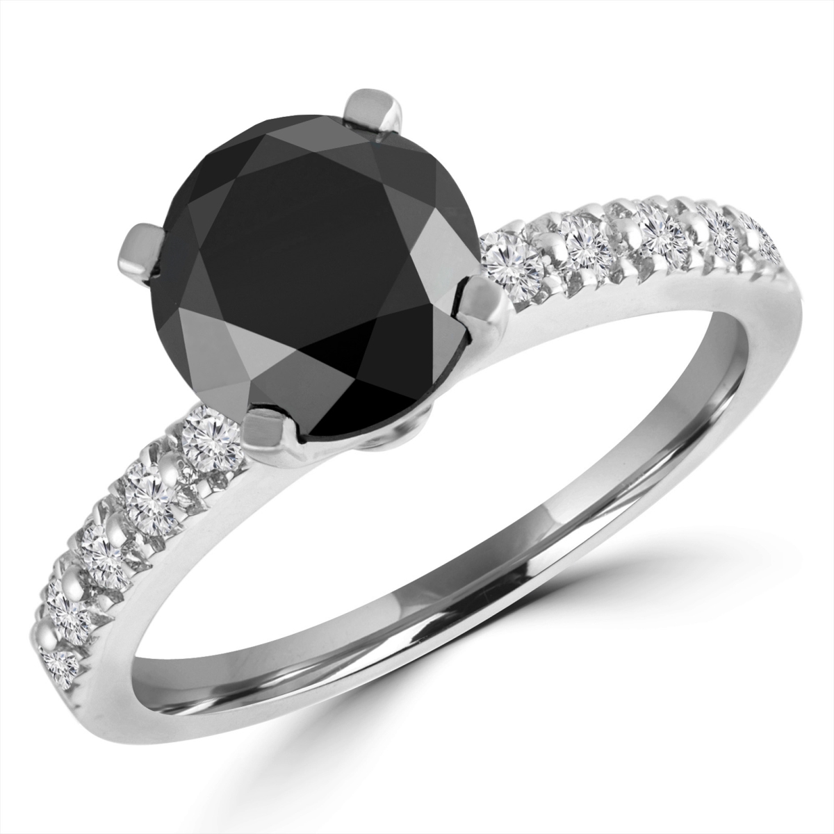 MD180268-5.25 2.62 CTW Round Black Diamond Solitaire with Accents Engagement Ring in 14K White Gold - Size 5.25