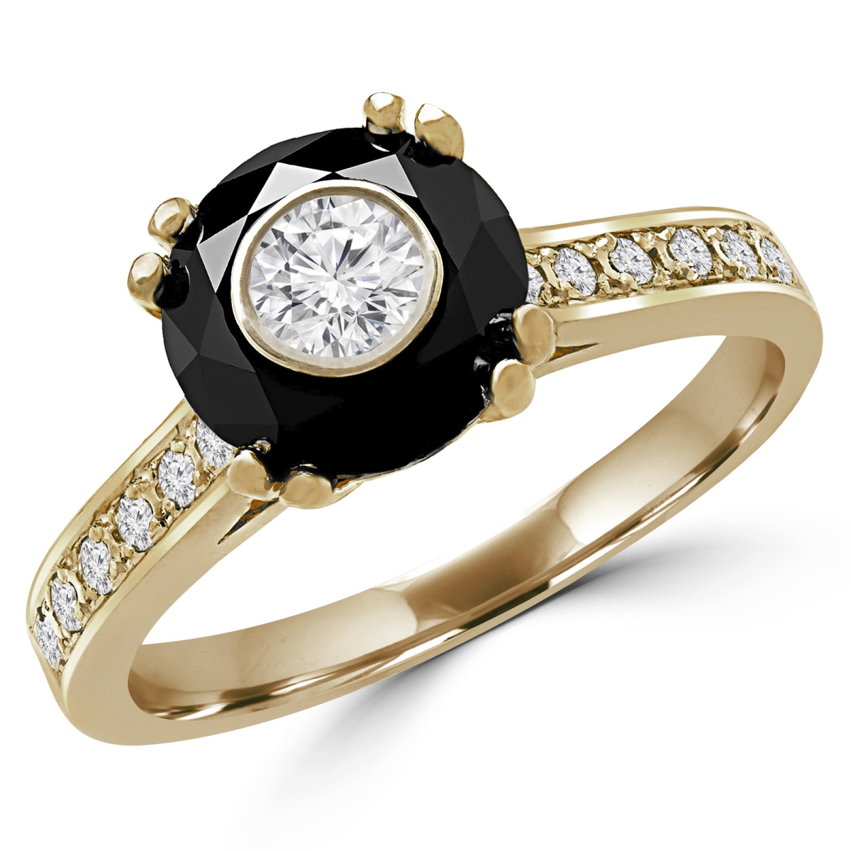 MD180611-7 1.1 CTW Round Black Diamond Double Prong Simion Solitaire with Accents Engagement Ring in 14K Yellow Gold - Size 7