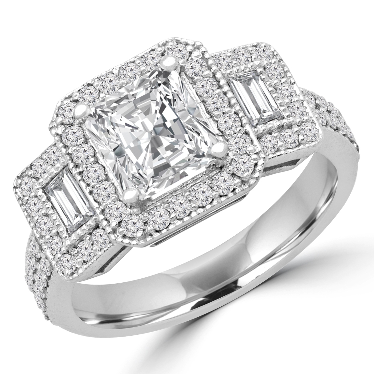MD180570-9 2.4 CTW Radiant Diamond Vintage Halo Three-Stone Engagement Ring in 14K White Gold - Size 9