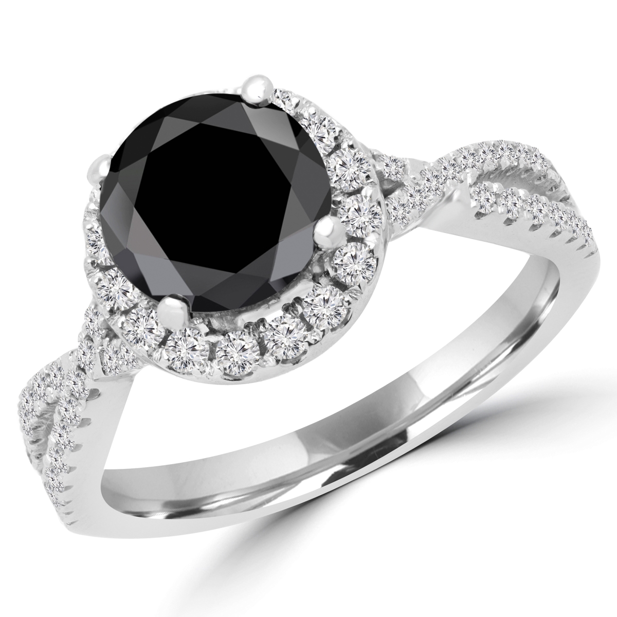 MD180196-5.5 2 CTW Round Black Diamond Solitaire with Accents Engagement Ring in 18K White Gold - Size 5.5