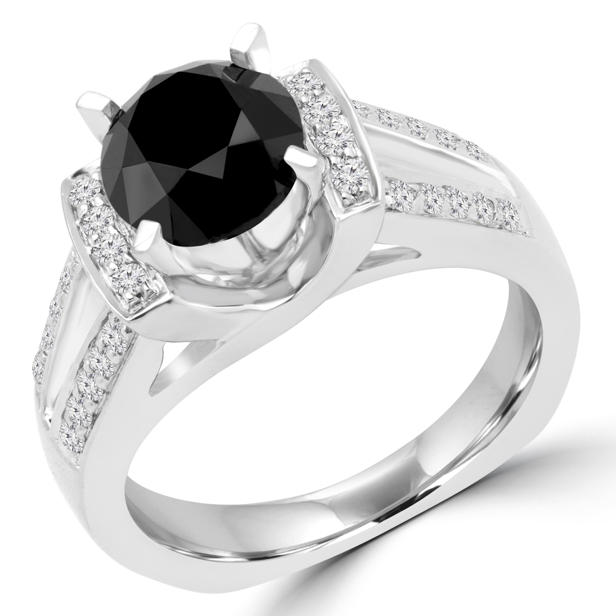 MD180142-3.5 2.87 CTW Round Black Diamond Solitaire with Accents Engagement Ring in 14K White Gold - Size 3.5