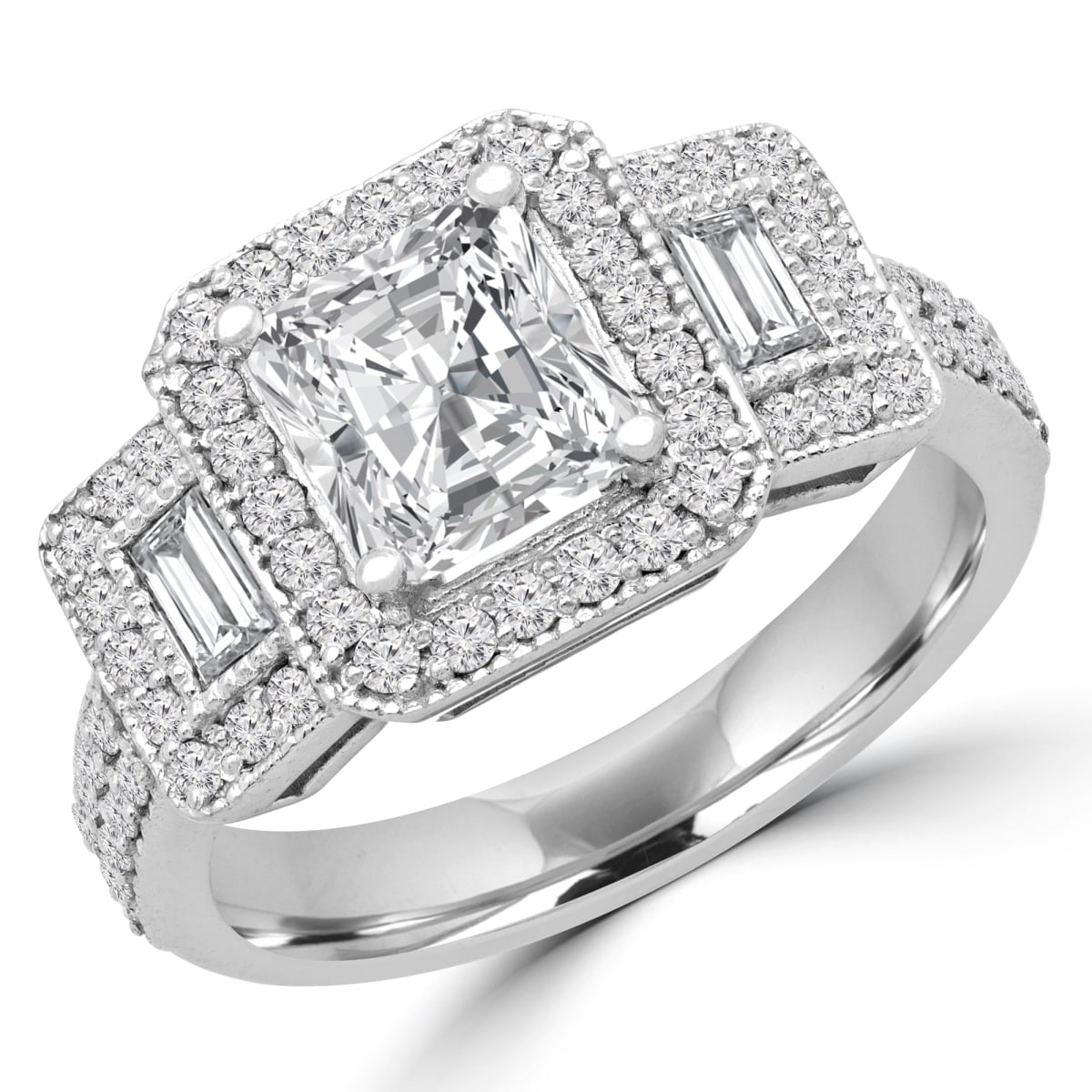MD180570-3.25 2.4 CTW Radiant Diamond Vintage Halo Three-Stone Engagement Ring in 14K White Gold - Size 3.25