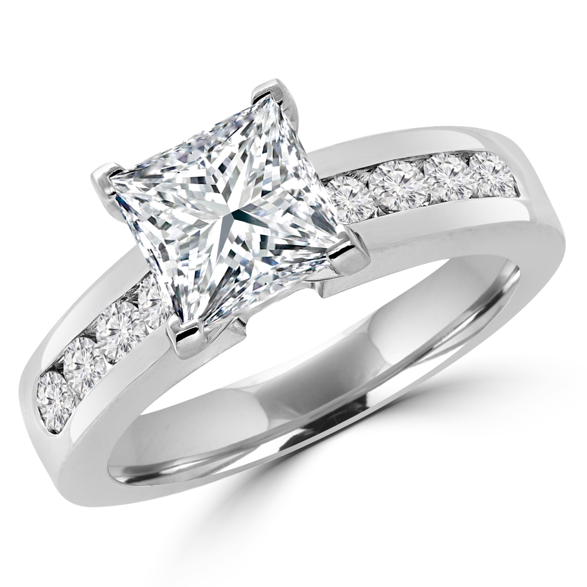 MD180108-4.5 1.5 CTW Princess Diamond Solitaire with Accents Engagement Ring in 14K White Gold - Size 4.5